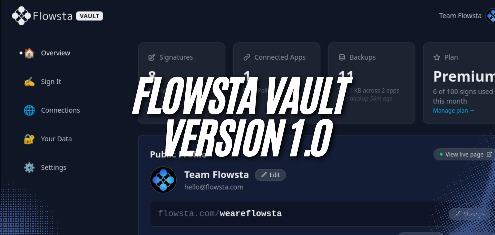 With Vault 1.0, a Flowsta account is created on your own computer - your keys, your data, and every sign-in approval, held by you and no one else. Sign-ins are approvals, not passwords. Works even when our servers don't. Free and open source on Linux, Mac and Windows.
