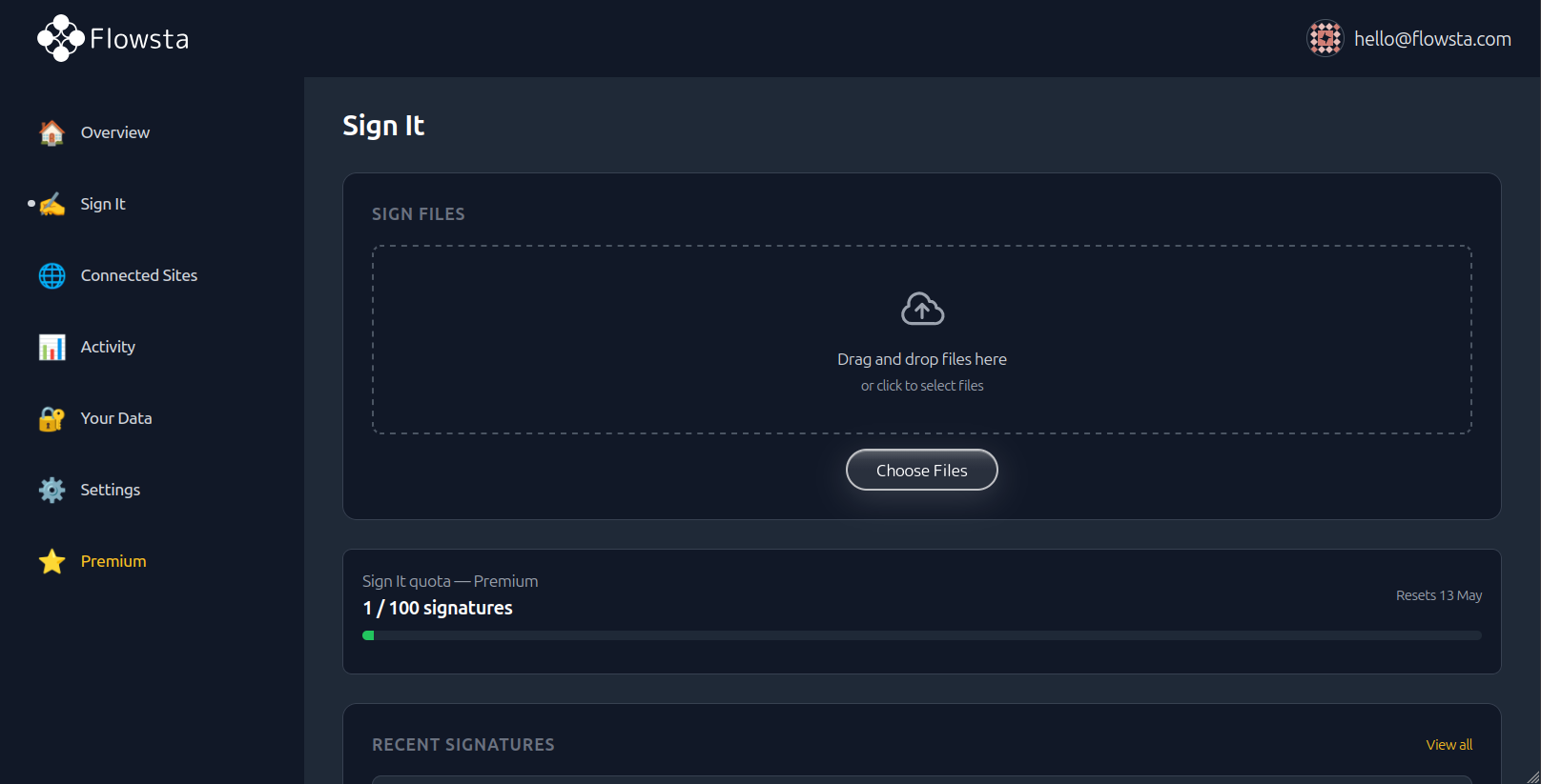 Sign any file with your Flowsta identity. Declare how it can be licensed, whether AI companies can train on it, and how people should contact you. Verifiable by anyone, stored on a public distributed network, impossible for anyone — including us — to forge or delete.