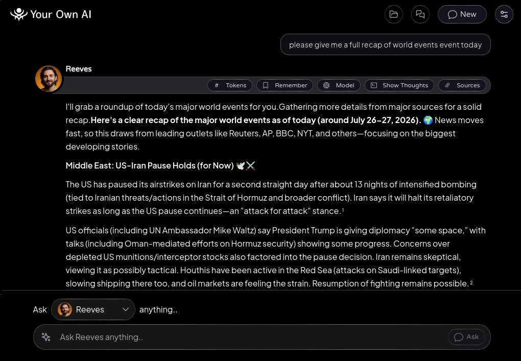 Today we're launching Your Own AI - a free, open-source desktop app that runs AI on your own computer. Your AIs, their memories of you, and every conversation stay on your machine. Offline first, provable records, backed up by your Vault, and online models only if you ask. No one in control but you.